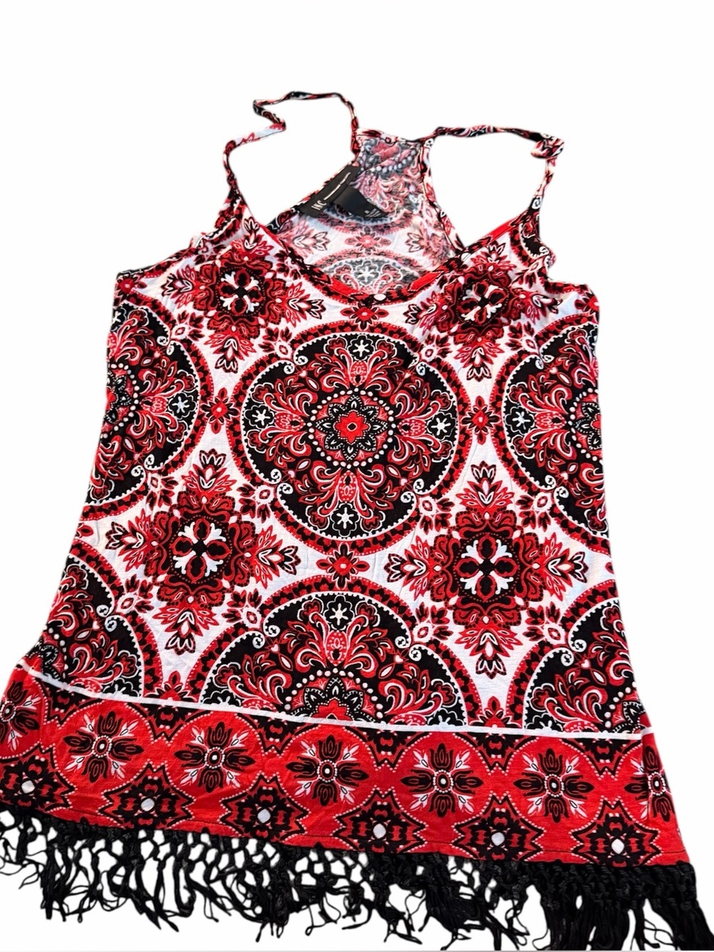 NC International Concepts Red Mandala Medallion Fringe Tank Top. M